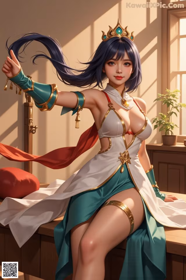 A woman in a white and green outfit sitting on a bed.