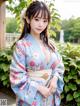 A woman in a blue kimono posing for a picture.